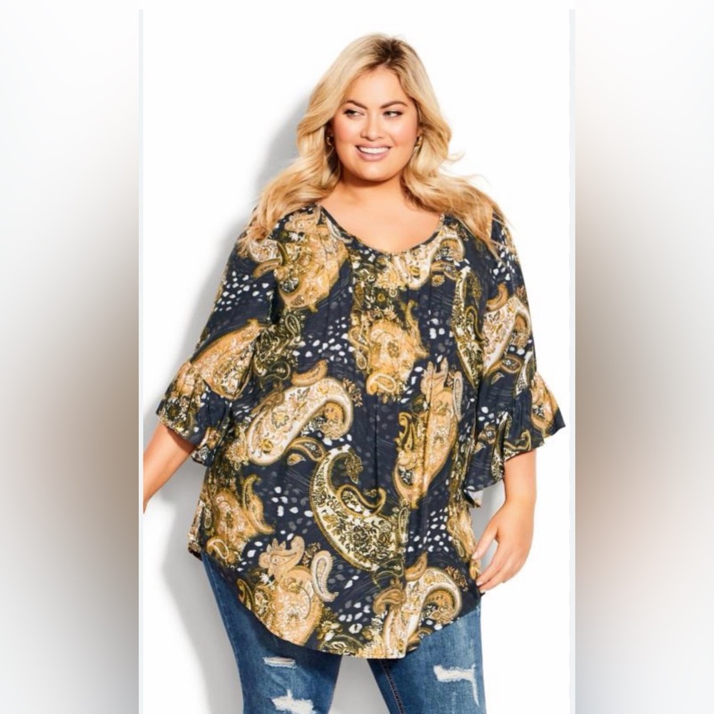 Avenue Joann’s Pintuck Boho Navy and Gold Paisley Tunic Blouse